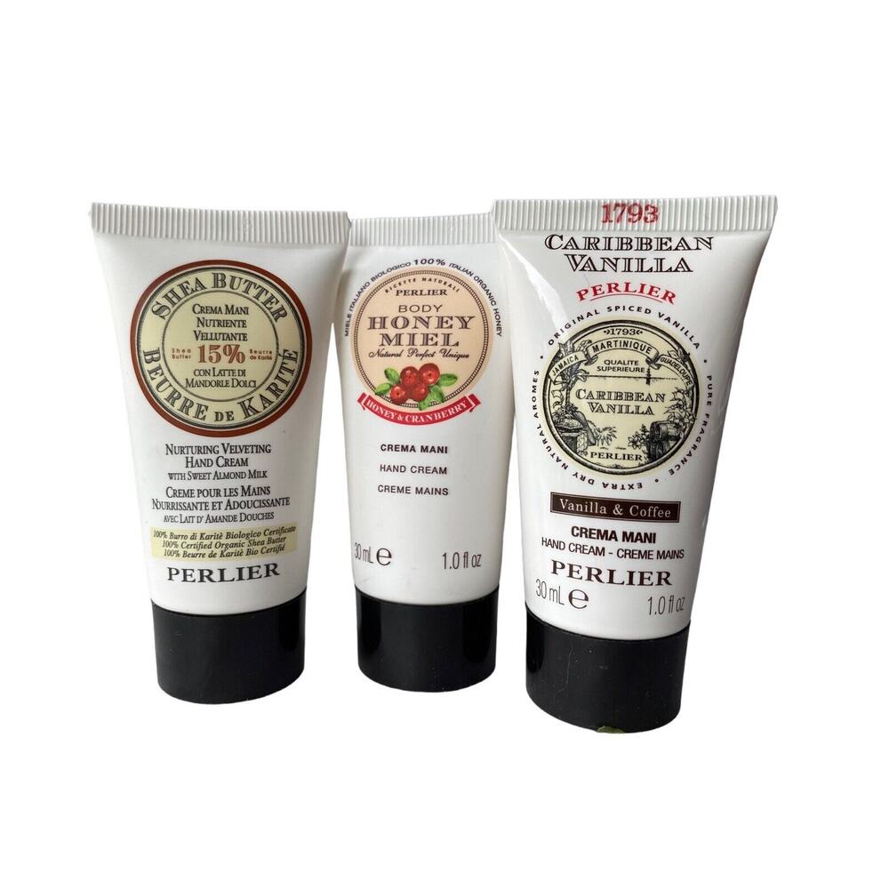 New Set Of 3 Perlier Honey Cranberry-Almond Milk-Vanilla Coffee Hand Cream 1 oz